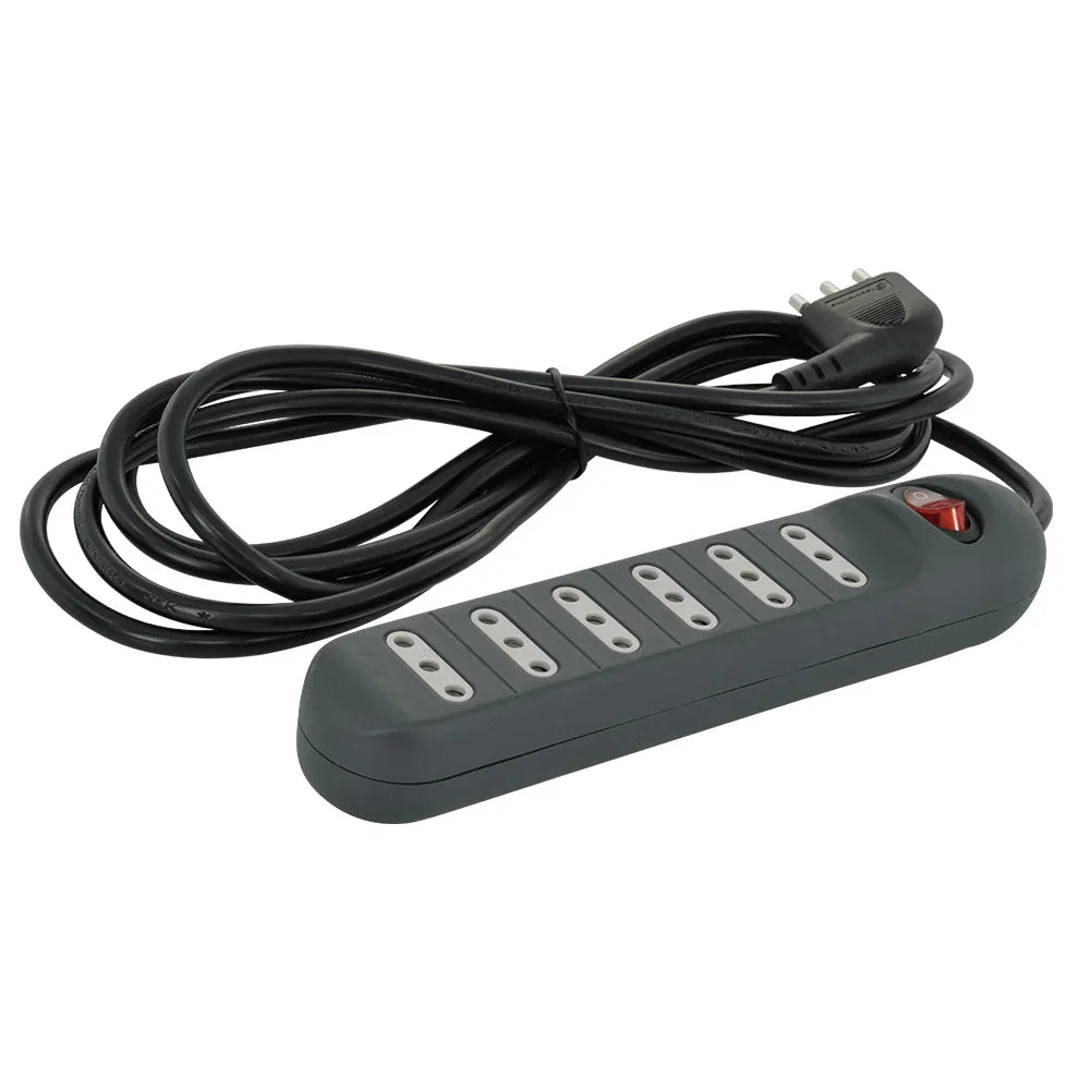 Alargador 6 Tomas Negro con Interruptor, 5mts,, 2p+t, 10A